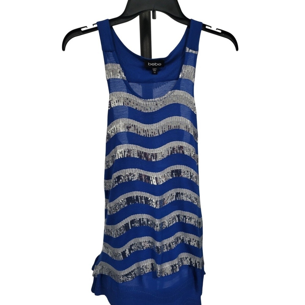 Bebe Sequin Tank Top Blue Silver Sleeveless Party Top XS